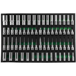 Набор головок торцевых глубоких 3/8'', 1/2''DR и насадок торцевых 1/2''DR с вставками-битами в EVA ложементе 560x400 мм, 66 предметов Набор головок торцевых глубоких 3/8'', 1/2''DR и насадок торцевых 1/2''DR с вставками-битами в EVA ложементе 560x400 мм, 66 предметов