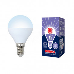 Лампа светодиодная LED-G45-7W/DW/E14/FR/NR Форма шар, матовая. Серия Norma. Дневной белый свет (6500K). Картон. ТМ Volpe