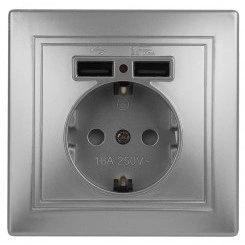 Розетка 2P+E Schuko со шторками с заземлением ,   16А-250В + 2хUSB 5В-2,1А, IP20, СУ, алюминий,     Intro Plano 1-410-03