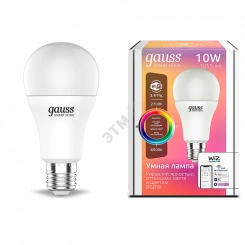 Лампа светодиодная умная LED 10 Вт 1055 Лм 2700-6500К E27 A60 RGBW +изм.цвет.темп.+диммирование управление по Wi-Fi Smart Home Gauss Лампа светодиодная умная LED 10 Вт 1055 Лм 2700-6500К E27 A60 RGBW +изм.цвет.темп.+диммирование управление по Wi-Fi Smart Home Gauss