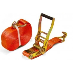 Ремень шириной 50мм, с храповиком и крюками, состоящий из 2-х частей, длиной 9,5м и 0,5м для закрепления груза при перемещении до 10т методом в обхват и до 5т методом внатяг. Ремень шириной 50мм, с храповиком и крюками, состоящий из 2-х частей, длиной 9,5м и 0,5м для закрепления груза при перемещении до 10т методом в обхват и до 5т методом внатяг.