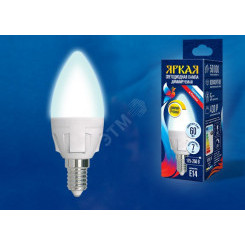 LED-C37 7W/4000K/E14/FR/DIM PLP01WH Лампа светодиодная, диммируемая. Форма «свеча», матовая. Серия Яркая. Белый свет (4000K). Картон. ТМ Uniel.