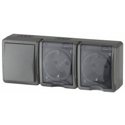 Блок две розетки+выключатель IP54, 16A(10AX)-250В, ОУ, Эра Эксперт, серый, 11-7403-03