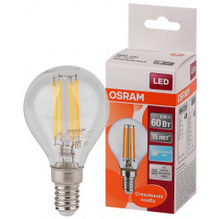 Лампа светодиодная LED 5Вт E14 CLP60 белый, Filament прозр.шар OSRAM