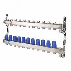 Коллекторная группа с ручными регулировочными клапанами 1' х 11 выходов 3/4' НР евроконус с дренажным краном и воздухоотводчиком