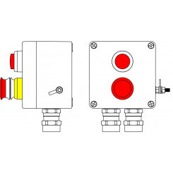 Пост управления взрывозащищенный из GRP .1Ex d e IIC T6 Gb X/Ex tb IIIB T80C Db X/IP66. Аварийная кнопка красная, 1NC/1NO-1шт. Лампа красная 20V-250V-1шт. С: ввод D5,5-13мм под бронированный кабель, Ni-2шт