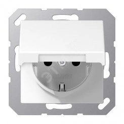 Штепсельная розетка SCHUKO одинарная, с заземлением, с крышкой, без шторок, 16A, 250В (механизм + накладка, без рамки). Серия A500 Материал- термопласт Цвет- белый Штепсельная розетка SCHUKO одинарная, с заземлением, с крышкой, без шторок, 16A, 250В (механизм + накладка, без рамки). Серия A500 Материал- термопласт Цвет- белый