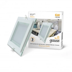 Светильник светодиодный встраиваемый ДВО 6 Вт 450 Лм 3000К квадрат IP20 с декоративным стеклом LED монтажный d 70х70 мм 220-240 В Glass Gauss