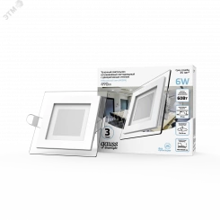 Светильник светодиодный встраиваемый ДВО 6 Вт 490 Лм 4000К квадрат IP20 с декоративным стеклом LED монтажный d 70х70 мм 220-240 В Glass Gauss