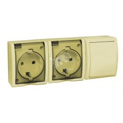 Simon15 Aqua Блок розетка двойная с заземлением 16А 250В + выключатель проходной 10А 250В IP54 слоновая кость Simon15 Aqua Блок розетка двойная с заземлением 16А 250В + выключатель проходной 10А 250В IP54 слоновая кость
