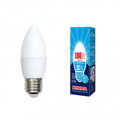Лампа светодиодная LED-C37-11W/NW/E27/FR/NR Форма свеча, матовая. Серия Norma. Белый свет (4000K). Картон. ТМ Volpe