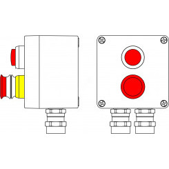 Пост управления взрывозащищенный из алюминия. 1Ex d e IIC T6 Gb X/Ex tb IIIB T80C Db X/IP66. Аварийная кнопка красная, 1NC/1NO-1шт. Лампа красная 20V-250V-1шт. С: ввод D5,5-13мм под бронированный кабель, Ni-2шт.