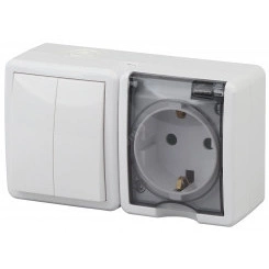 Блок розетка+выключатель двойной IP54, 16A(10AX)-250В, ОУ, Эра Эксперт, белый, 11-7402-01 Блок розетка+выключатель двойной IP54, 16A(10AX)-250В, ОУ, Эра Эксперт, белый, 11-7402-01