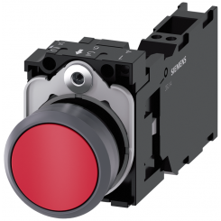 Выключатель кнопочный 22мм кругл. пластмасса с металлическим фронтальным кольцом цвет: красный кнопка плоск. нажатием на кнопку с держателем 1НО+1НЗ пружинная клемма Siemens 3SU11300AB203FA0