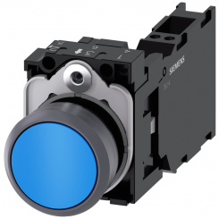 Выключатель кнопочный 22мм кругл. пластмасса с металлическим фронтальным кольцом цвет: синий кнопка плоск. нажатием на кнопку с держателем 1НО+1НЗ пружинная клемма Siemens 3SU11300AB503FA0