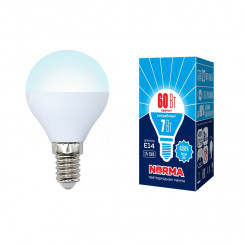 Лампа светодиодная LED-G45-7W/NW/E14/FR/NR . Форма шар, матовая. Серия Norma. Белый свет (4000K). Картон. ТМ Volpe