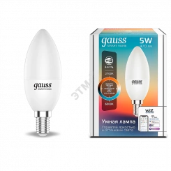 Лампа светодиодная умная LED 5 Вт 470 Лм 2700-6500К Е14 свеча изм.цвет.темп.+диммирование управление по Wi-Fi Smart Home Gauss Лампа светодиодная умная LED 5 Вт 470 Лм 2700-6500К Е14 свеча изм.цвет.темп.+диммирование управление по Wi-Fi Smart Home Gauss
