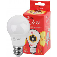 Лампа светодиодная ECO LED A60-6W-827-E27  (диод, груша, 6Вт, тепл, E27), (10/100/1200) ЭРА