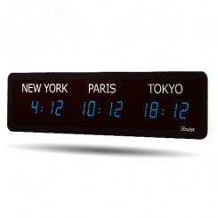 Табло мирового времени World Style (часы/минуты), высота цифр 5 см, белый цвет, 3 временные зоны, город максимум 12 знаков в названии, синий цвет, 240В, NTP, Wi-Fi, настенное крепление