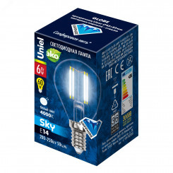 Лампа светодиодная LED 6вт 200-250В шар прозрачное 500Лм Е14 4000К Uniel Sky филамент