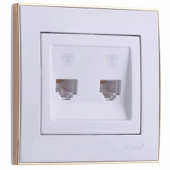 Розетка RAIN телефонная 2-ая евро белая с боковой вставкой золото