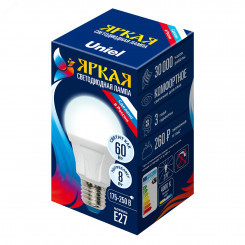 Лампа светодиодная LED 8вт 175-250В форма А 700Лм E27 4000К Uniel ЯРКАЯ