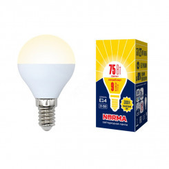 Лампа светодиодная LED-G45-9W/WW/E14/FR/NR Форма шар, матовая. Серия Norma. Теплый белый свет (3000K). Картон. ТМ Volpe