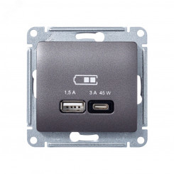 GLOSSA USB РОЗЕТКА A + тип-C 45W высокоскор.заряд. QC, PD, механизм, ГРАФИТ (GSL001329)