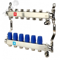 Коллекторная группа с ручными регулировочными клапанами 1' х 6 выходов 3/4' НР евроконус с дренажным краном и воздухоотводчиком (MS.606.06)