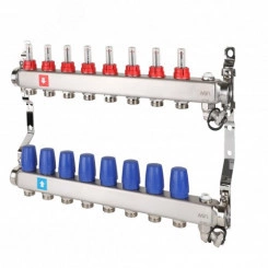 Коллекторная группа с расходомерами 1' х 8 выходов 3/4' НР евроконус с дренажным краном и воздухоотводчиком