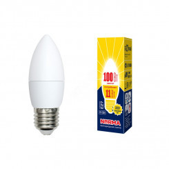 Лампа светодиодная LED-C37-11W/WW/E27/FR/NR Форма свеча, матовая. Серия Norma. Теплый белый свет (3000K). Картон. ТМ Volpe