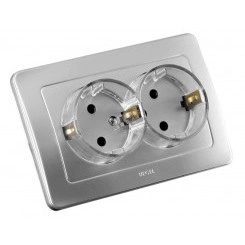 Розетка двойная скрытая с заземлением со шторками (стакан) серебро Розетка двойная скрытая с заземлением со шторками (стакан) серебро