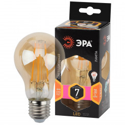 Лампа светодиодная филаментная F-LED A60-7W-827-E27 gold (филамент, груша золот., 7Вт, тепл, Е27) ЭРА (10/100/1200) ЭРА