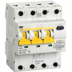 Выключатель автоматический дифференциального тока 4п C 6А 10мА тип A 6кА АВДТ-34 IEK MAD22-6-006-C-10
