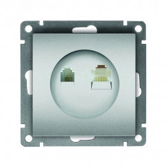 Розетка компьютерная+телефонная серия Афина, с/у, 1А, RJ45, RJ12, серебро (еврослот)