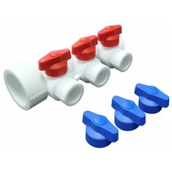 Коллектор PPR с отсечными кранами 40х20, 3 выхода универсальный, белый Коллектор PPR с отсечными кранами 40х20, 3 выхода универсальный, белый