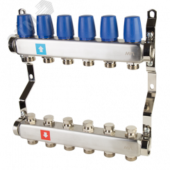 Коллекторная группа с ручными регулировочными клапанами 1' х 6 выходов 3/4' НР евроконус