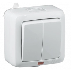 Выключатель двухклавишный наружный с индикацией белый IP44 10А