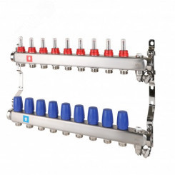 Коллекторная группа с расходомерами 1' х 9 выходов 3/4' НР евроконус с дренажным краном и воздухоотводчиком
