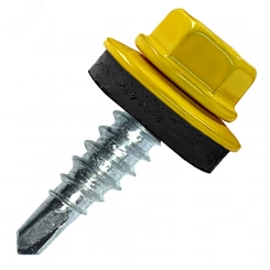 Саморез кровельный 4.8х50 RAL1018 сверло №1 шайба d=14мм с EPDM прокладкой Саморез кровельный 4.8х50 RAL1018 сверло №1 шайба d=14мм с EPDM прокладкой