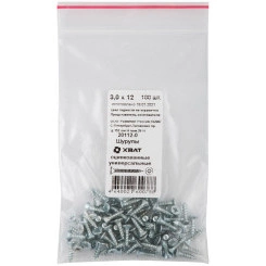 Шуруп универсальный 3х12 потайная головка, остроконечный, оцинкованный (100шт) Шуруп универсальный 3х12 потайная головка, остроконечный, оцинкованный (100шт)
