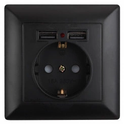 Розетка Intro Solo 4-410-05 с заземлением P+E Schuko со шторками, 16А-250В + 2хUSB, IP20, СУ, антрацит