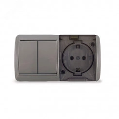 Клио блок наружный горизонтальный: выключатель двухклавишный + розетка с прозрачной крышкой, IP54, с/з, 16А, 220В, серый Клио блок наружный горизонтальный: выключатель двухклавишный + розетка с прозрачной крышкой, IP54, с/з, 16А, 220В, серый