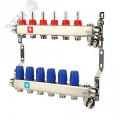 Коллекторная группа с расходомерами 1' х 6 выходов 3/4' НР евроконус с дренажным краном и воздухоотводчиком