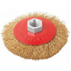 Корщетка-колесо с наклоном, гайка М14, стальная латунированная волнистая проволока 115 мм, блистер Корщетка-колесо с наклоном, гайка М14, стальная латунированная волнистая проволока 115 мм, блистер