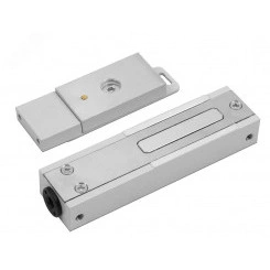 Замок электромагнитный взрывозащищенный ALM-FM-M20-G-24-K с герконом, усилие удержания якоря 100 кгс, с постоянно присоединенным кабелем длиной 2 метра, с устройством ввода для открытой прокладки небронированного кабеля