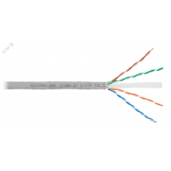 Кабель U/UTP 4 пары, Кат.6 (Класс E), тест по ISO/IEC, 250МГц, одножильный, BC (чистая медь), 23AWG (0,53мм), поливинилхлорид, внутренний, серый, 305м