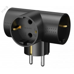 Разветвитель электрический (тройник, Т-обр.)  АМ 16-3ТЕ, 16А, с заземлением, черный