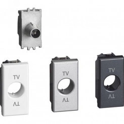 Axolute. Розетка TV для схемы «звезда''. Штыревой разъем 9,5 мм, экранированная. 1 модуль. Поставляется в комплекте с лицевыми панелями цветов ''Белый'', ''Алюминий'', ''Антрацит''.