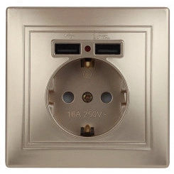 Розетка P+E Schuko со шторками, 16А-250В + 2хUSB 5В-2,1А, IP20, СУ, Plano, шампань, 1-410-04 Розетка P+E Schuko со шторками, 16А-250В + 2хUSB 5В-2,1А, IP20, СУ, Plano, шампань, 1-410-04